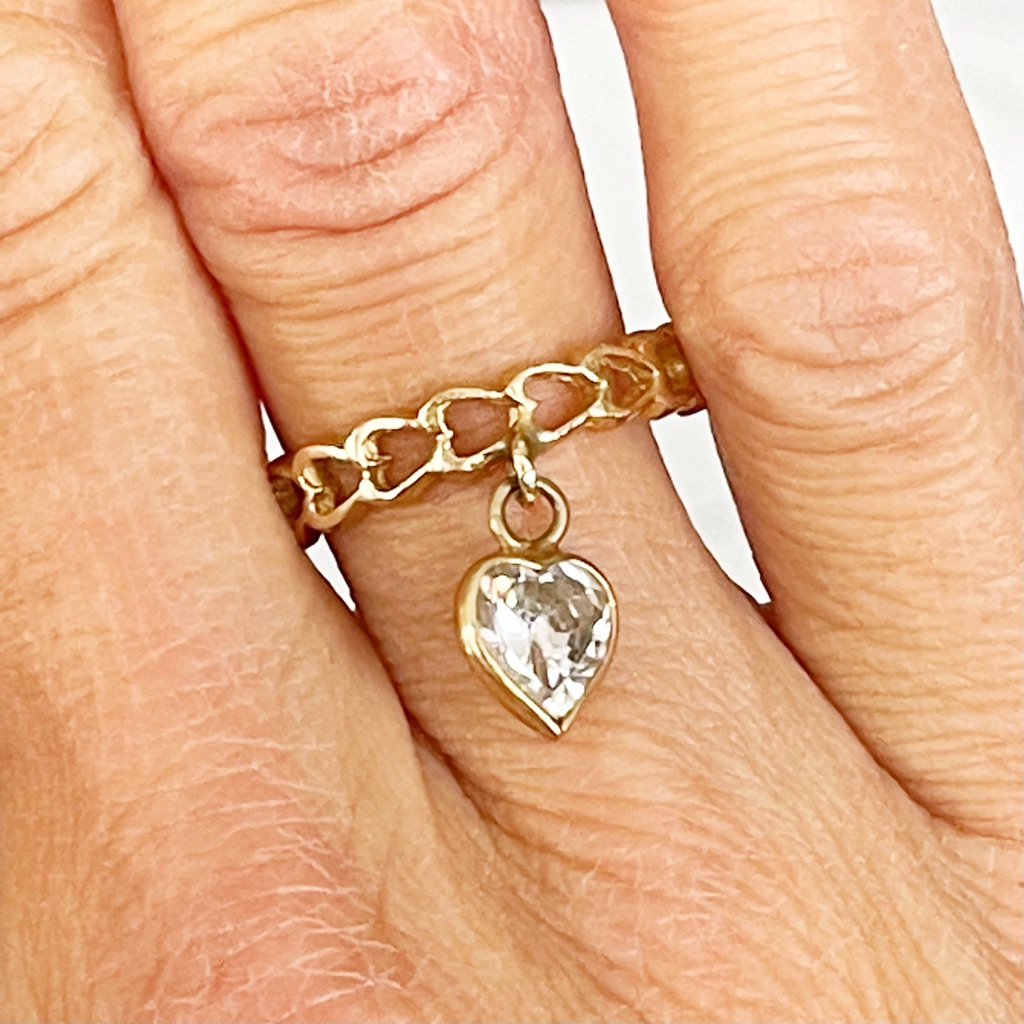 Gold Heart Cut Ring With Dangling Precious Stone Heart